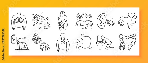 Panic attack set icon. Depicts pressure gauge, chest temperature swings, sleepiness, spiral vision, chest flame, stomach cramp, lungs, colon fire, vomiting, earbell, panic crouch, hand tremor