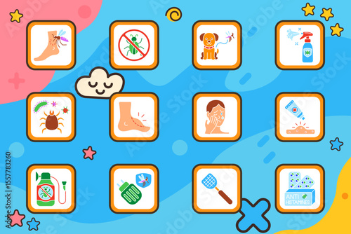 Insect allergy set icon. Mosquito bite, bug ban, dog protection, repellent spray, tick, swelling foot, face rash, cream tube, laundry repellent, baby spray, fly swatter, antihistamines