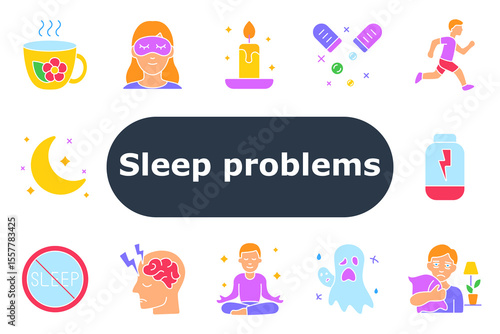 Sleep problems set icon. Herbal tea, eye mask, candle, medication, jogging, energy loss, moon, no sleep sign, brain tension, meditation, ghost fear, pillow hug, night routine, insomnia aid.