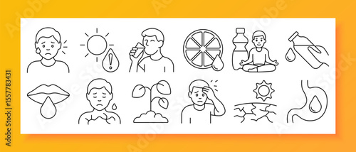 Dehydration and heat exhaustion set icon. Shows sweating faces, sun, citrus hydration, water bottles, meditation, dry lips, weak plants, dizziness, cracked ground, internal stomach dehydration