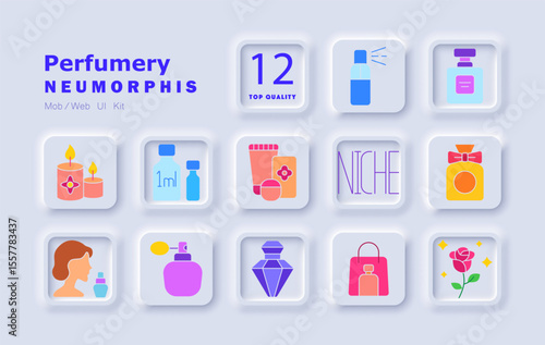 Perfumery set icon. Bottles, niche fragrance, aroma oils, woman with perfume, luxury flacons, testers, packaging, candles, floral notes, accessories, cosmetic line, elegance, scent market.
