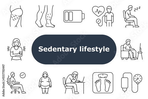Sedentary lifestyle set icon. Cellulite, varicose veins, low energy, heart pressure, drowsiness, stomach discomfort, obesity, spine pain, scale, inactivity, screen time, sitting work, blood pressure.