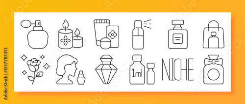 Perfume set icon. Line style icons showing spray bottles, candles, rose, skin products, tester vials, aromatic containers, decorative flacons, scent kits, and stylized niche label