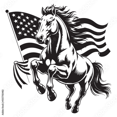 Wild Horse Charging with USA Flag – Bold Black and White Patriotic Vector Art