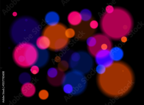 Colorful blurred circles with smooth glow and layered transparency on black background. Random soft shapes form festive abstract depth with no symmetry or focal point.