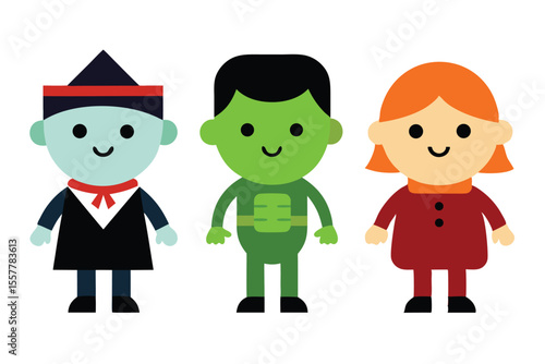 Icon set of kids dressed in costumes for Halloween colorfull Vector illustration