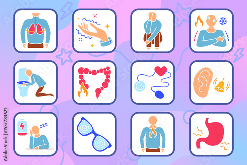Panic symptoms set icon. Chest pressure, shaking hands, apathy, chills, vomiting, burning gut, heartbeat, hearing issue, low energy, dizziness, chest burn, stomach pain.