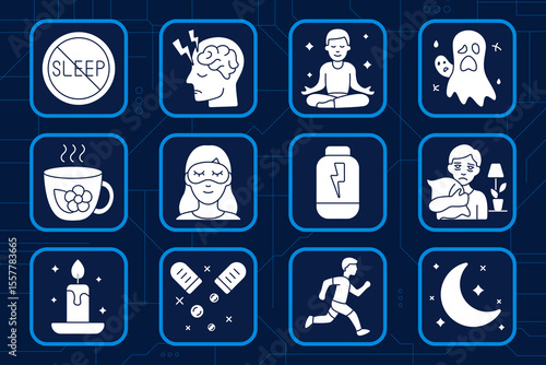Sleep hygiene set icon. No sleep, brain pain, meditation pose, ghost nightmare, herbal tea, eye mask, energy supplement, hugging pillow, candle, vitamins, jogging, moon, relaxation sleep