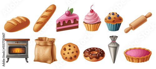 assorted bakery items and tools including bread, cakes, muffins, cupcakes, cookies, oven, flour bag, piping bag, rolling pin, tart
