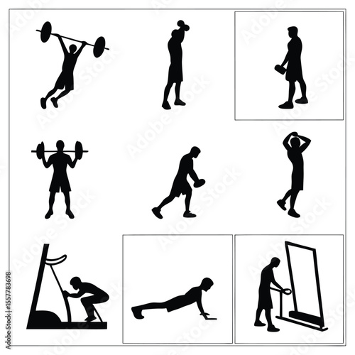 Nine Black Silhouettes of Men Performing Various Gym Exercises Weightlifting Cardio and Stretching