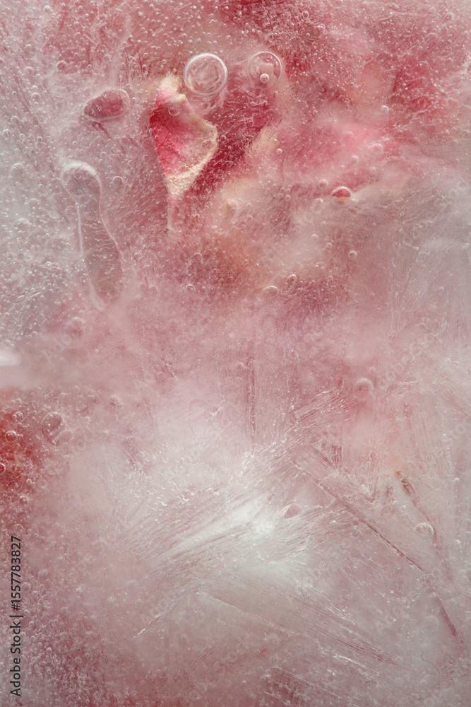 Fototapeta premium Soft focus pink flower petal, leaf in frozen ice. Abstract natural blur wet background.