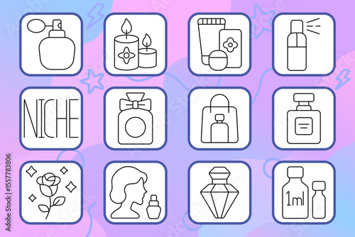 Perfumery set icon. Spray, candles, skincare, gift bottle, tester, niche market, packaging, cosmetics, rose, woman, elegance.