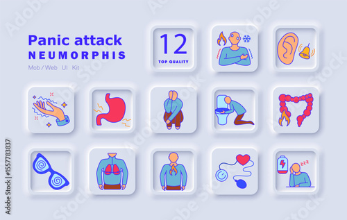 Panic attack set icon. Shortness of breath, dizziness, fear, nausea, stomach discomfort, bowel issues, chest pressure, racing heart, blurred vision, trembling, exhaustion, hypersensitivity.
