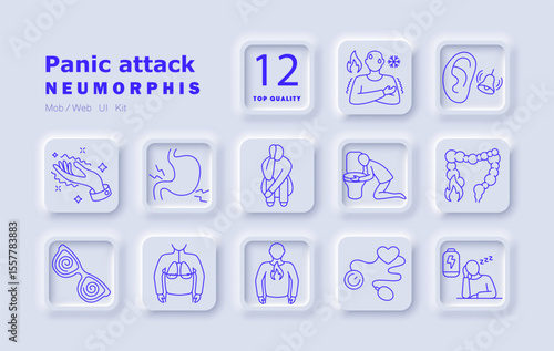 Panic attack set icon. Shortness of breath, dizziness, fear, nausea, stomach discomfort, bowel issues, chest pressure, racing heart, blurred vision, trembling, exhaustion, hypersensitivity.