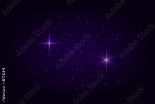 Soft purple sparkles and glowing star flares with particles. Light effects on transparent dark background for festive scenes.