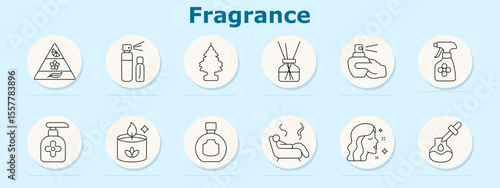 Fragrance set icon. Includes scent pyramid, atomizers, tree scent, diffuser, nose with sprayer, cleaner bottle, hand soap, candle, flask, aroma lines, face profile, essential oil dropper