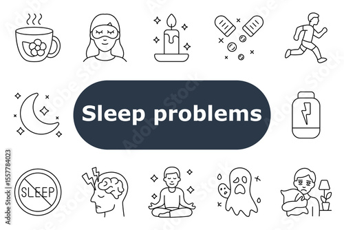 Sleep problems set icon. Herbal tea, eye mask, candle, medication, jogging, energy loss, moon, no sleep sign, brain tension, meditation, ghost fear, pillow hug, night routine, insomnia aid.