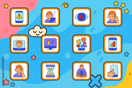 Digital fatigue set icon. Smartphone warning, falling asleep on screen, eye pain, rubbing face, laptop stress, night screen, mobile overload, 