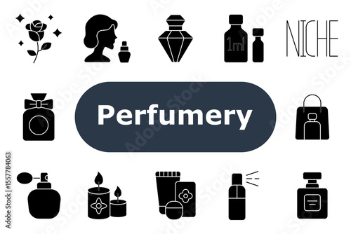 Perfumery set icon. Shows shopping bag, spray bottle, rose scent, profile with perfume, gem bottle, milliliter jars, atomizer, bow bottle, niche label, square bottle, product box, scented candles