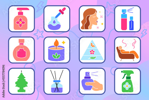 Fragrance set icon. Aroma oil, perfume bottle, woman with scent, air spray, candle, scent pyramid, home relax, tree freshener, diffuser, sprayer, floral cleaner.