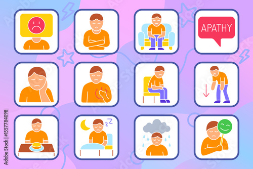 Depression set icon. Sad face, isolation, apathy, fatigue, poor appetite, sleep trouble, rainy mood, masked smile, emotional pain, mental decline, disinterest, sorrow.