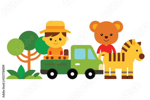 Jungle icon set with wild animals and kids exploring colorfull Vector illustration
