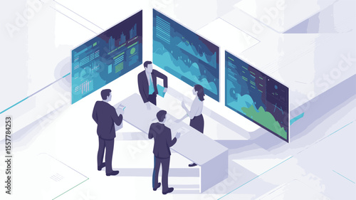 Isometric Illustration Business Team Analyzing Data on Large Screens
