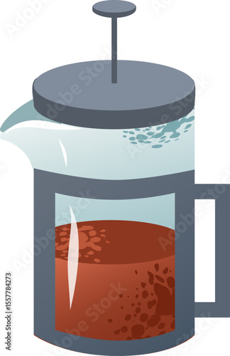 A French coffee press with brewed coffee inside. The press has a glass body and a metal lid with a plunger