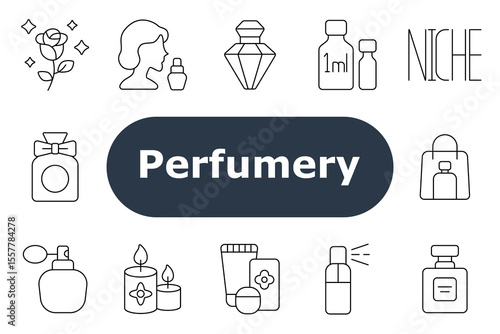 Perfumery set icon. Shows shopping bag, spray bottle, rose scent, profile with perfume, gem bottle, milliliter jars, atomizer, bow bottle, niche label, square bottle, product box, scented candles