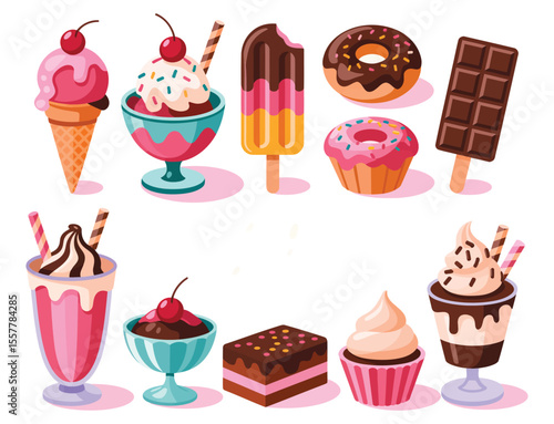 Colorful assortment of desserts including ice cream, donuts, sundaes, popsicles, cupcakes, brownies, and sweet treats on white background