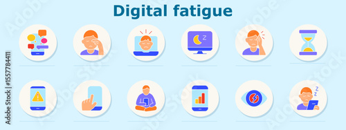 Digital fatigue set icon. Shows chat overload, eye strain, screen alert, night screen, headache, hourglass, mobile alert, tap screen, sitting with device, data bar, eye damage, sleepiness