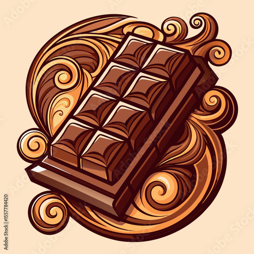 Realistic Chocolate Bar with Intricate Swirls – Ornate Gourmet Design Featuring Rich Texture and Decorative Detail – High-End Sweet Treat Illustration Isolated on White

