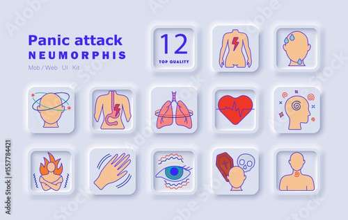 Panic attack set icon. Shortness of breath, dizziness, fear, nausea, stomach discomfort, bowel issues, chest pressure, racing heart, blurred vision, trembling, exhaustion, hypersensitivity.