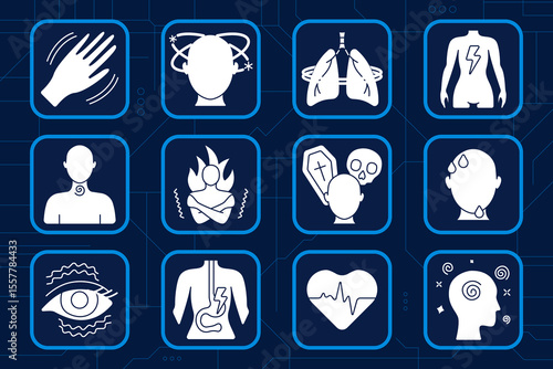 Health symptom set icon. Hand shaking, vertigo, breathing difficulty, full body pain, neck pressure, chills, death fear, sweat face, eye twitch, stomach ache, pulse check, confusion, symptom alert