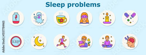 Sleep problems set icon. Depicts supplement, ghost, tea, mask, candle, pills, no sleep, moon, running, hugging pillow, meditation, brain with lightning