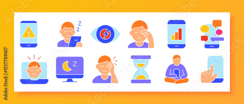 Digital fatigue set icon. Shows phone messages, eye rubbing, laptop strain, sleep screen, headache, hourglass, alert phone, tap gesture, seated person, bar chart, eye stress, sleepiness