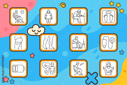 Sedentary lifestyle icon. Office chair posture, obese figure, desk fatigue, body scale, cellulite, varicose legs, man watching TV, pressure monitor, battery low, heart checkup, napping, freezing body