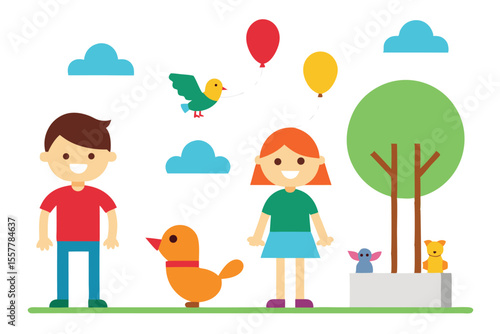 Park icon bundle with kids feeding birds and animals colorfull Vector illustration