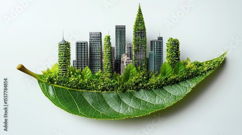 Cityscape nestled within a vibrant green leaf.