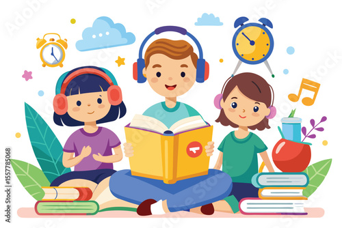 Cartoon kids studying books, a cheerful illustration of school children reading and learning