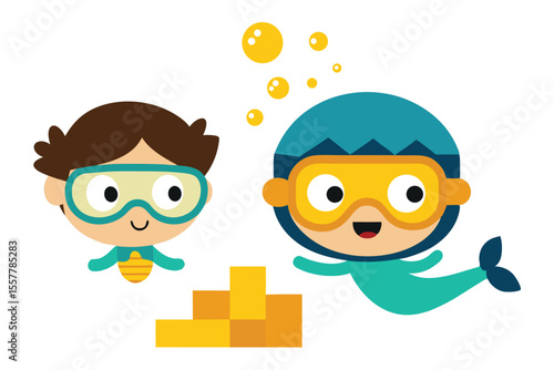 Joyful cartoon boy and girl tourists in a bright tropical vector illustration enjoying summer beach fun and outdoor vacation adventure