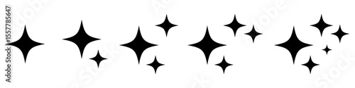 Glossy Sparkle Star Icons Set. Vector Minimal Black Diamond Twinkle Symbols for Shiny Effects, Magical Light, Cosmic Stars, UI Elements, Celestial Decorations, and Clean Graphic Design.