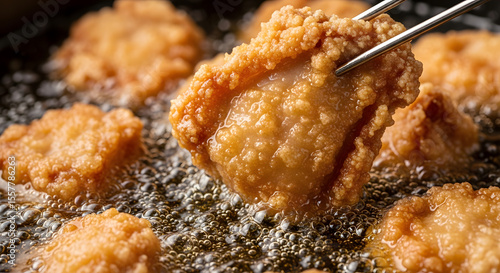 Close-up of golden-brown fried chicken being lifted from hot oil with metal tongs, surrounded by other pieces frying.