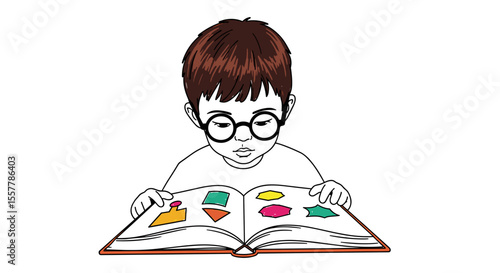 Young boy wearing glasses reading book with colorful shapes  