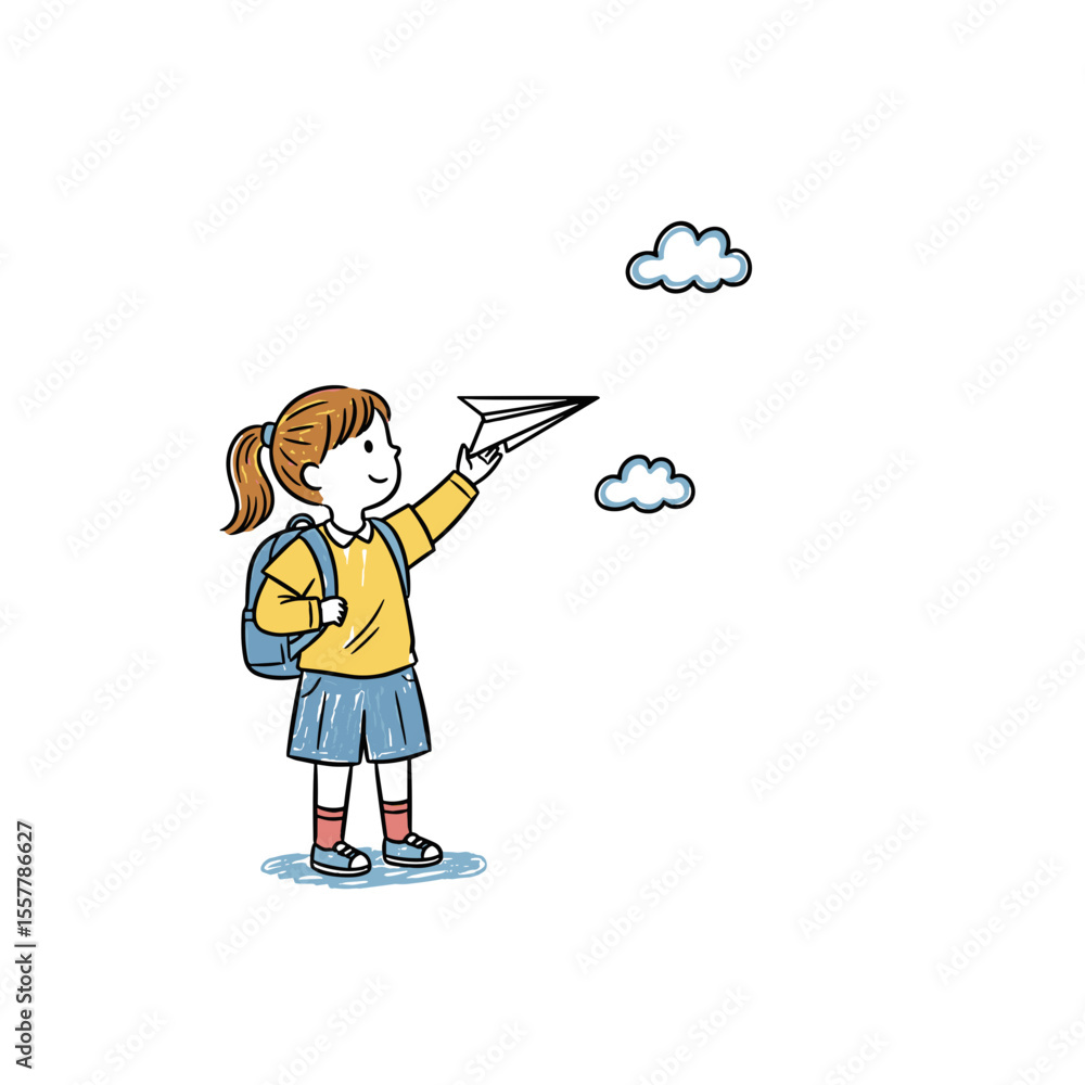Girl launching paper airplane with backpack outdoors in daytime Girl launching paper airplane with backpack outdoors in daytime