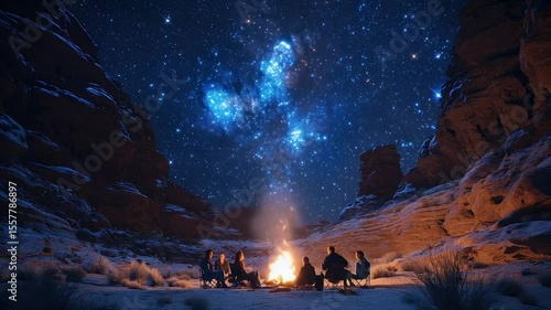 Campfire under a vibrant night sky, surrounded by red rock formations