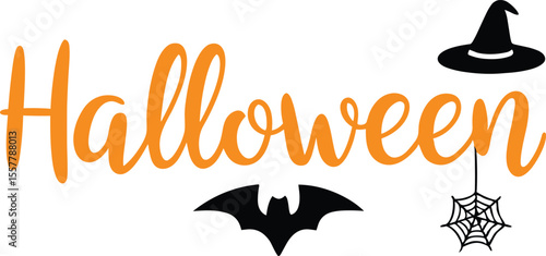 Happy Halloween Typography with Witch Hat, Bat, and Pumpkin Spider Icon, Happy Halloween Text Design with Bat, Hat, and Web Icons.