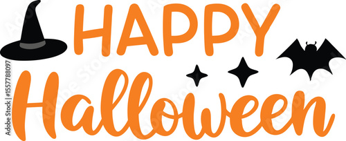 Happy Halloween Typography with Witch Hat, Bat, and Pumpkin Spider Icon, Happy Halloween Text Design with Bat, Hat, and Web Icons.