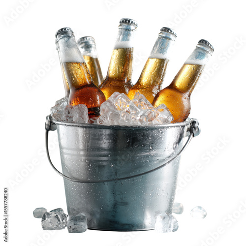 An isolated, cold bottle of champagne chilling on ice, ready for a party