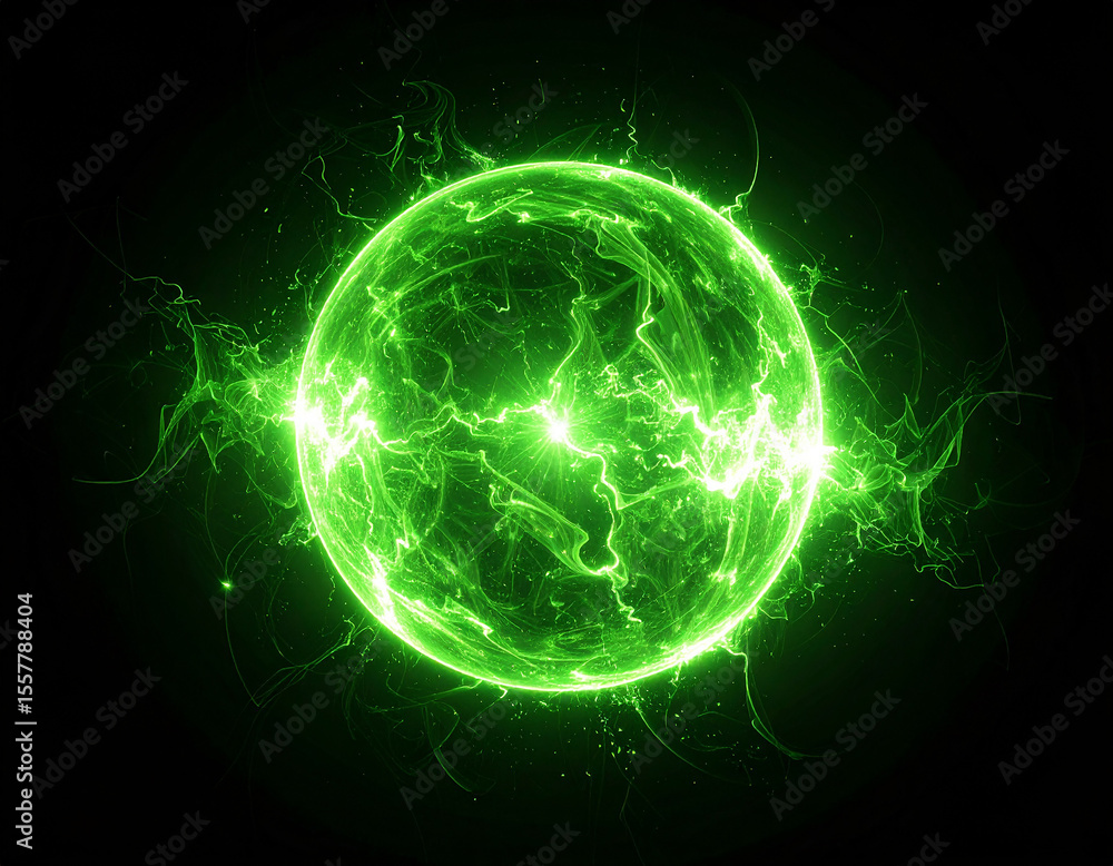 Fototapeta premium Glowing green sphere of plasma energy. Electric ball. Abstract luminous orb radiating ethereal glow